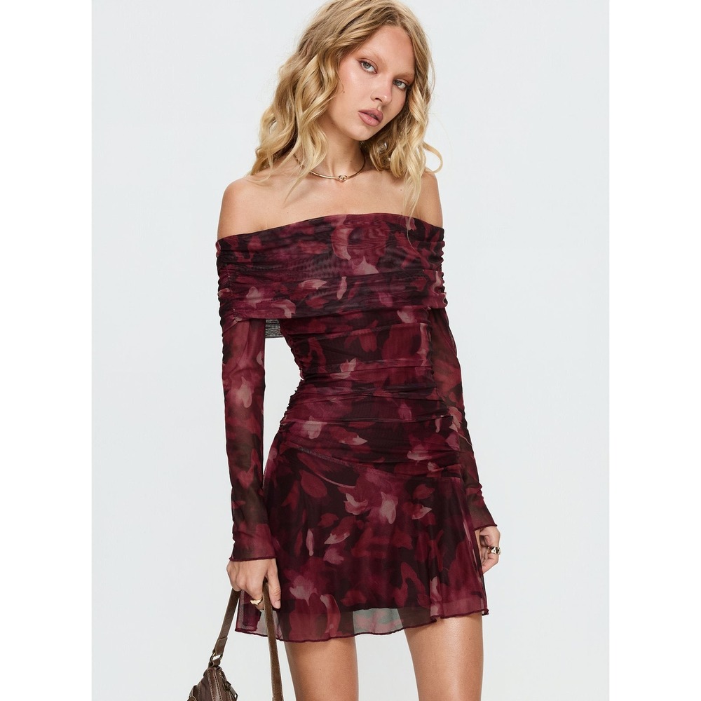Princess Polly Marrissa Off Shoulder Mini Dress US 4 Burgundy Floral Romantic